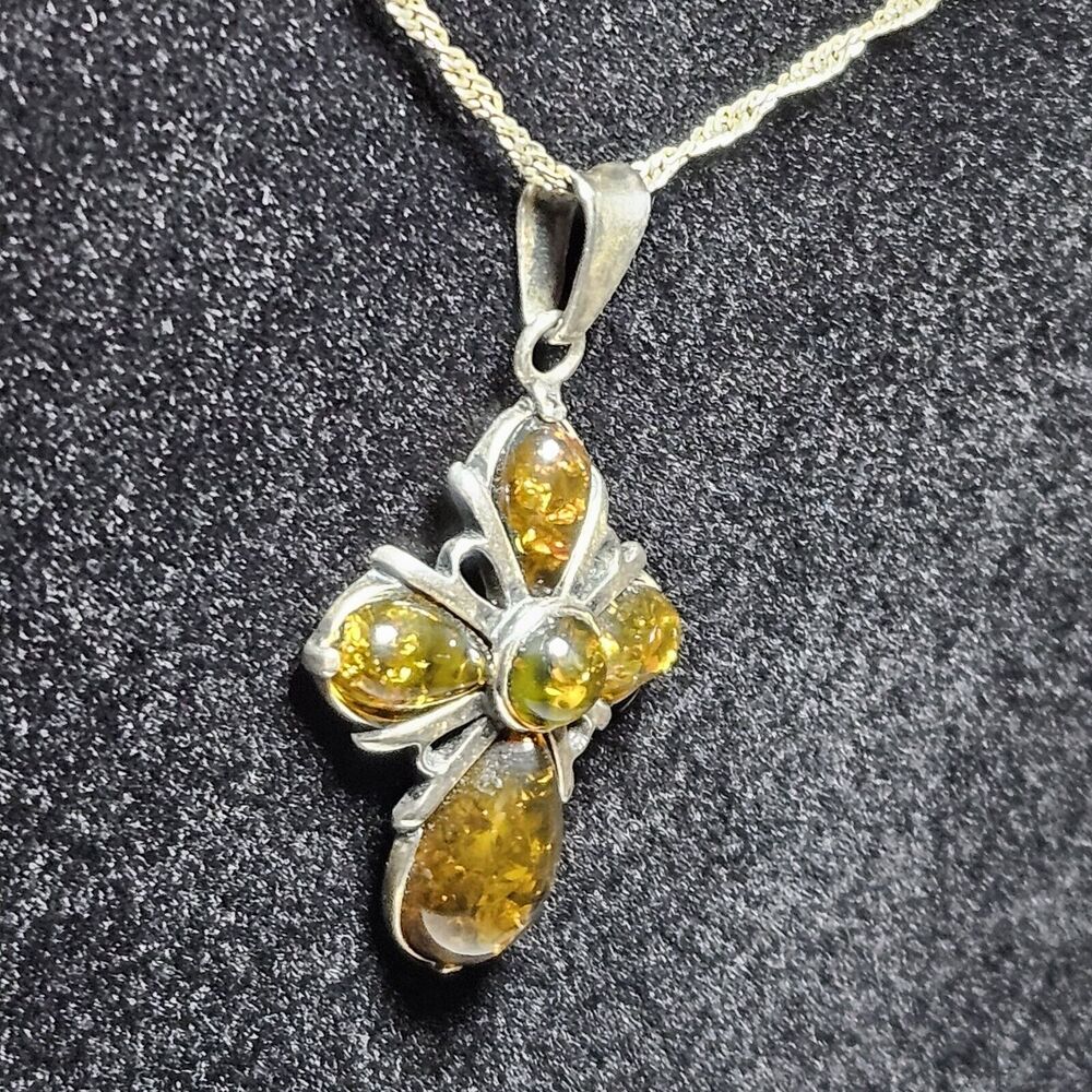 Vintage Sterling Silver Amber Cross Pendant Necklace Yellow Golden 18" - Picture 7 of 15